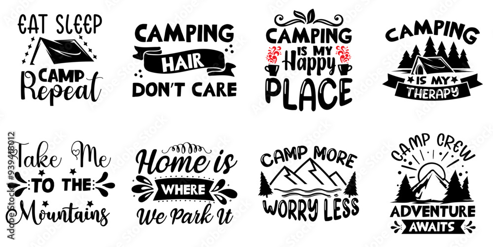 Creative Camping Inscriptions, Labels And Badges Pack Vector Illustration for Gift Card, Postcard, Stationery Creative Camping Inscriptions, Labels And Badges Pack Vector Illustration for Gift Card, Postcard, Stationery
