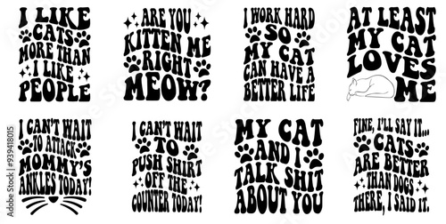 Colourful Cat Trendy Retro Style Illustration, Phrases Set Vector Illustration for Banner, Presentation, Holiday Cards
