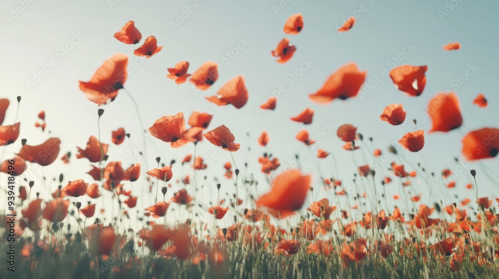 Fototapeta premium Detailed view of a poppy field with vibrant red flowers swaying in the wind, against a clear sky