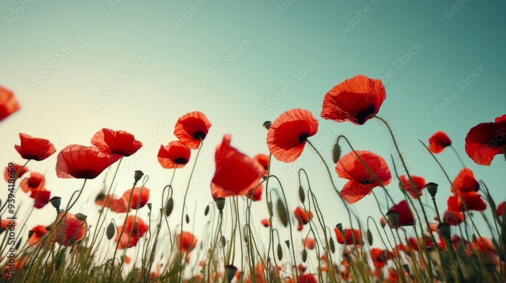 Obraz premium Detailed view of a poppy field with vibrant red flowers swaying in the wind, against a clear sky
