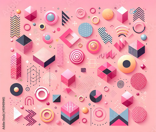 A playful pink background with geometric shapes, including circles, squares, and zigzags