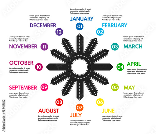 road line with ring crossroad and 12 month names exits, vector infographics template