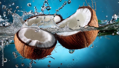 coconut falling into water, splashes and drops of water.advertising concept for fruit juices. 