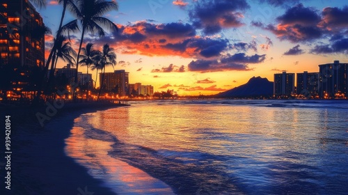 Diamond Head Sunset at Waikiki Beach in Honolulu. A Colorful Sky with Palm Trees photo