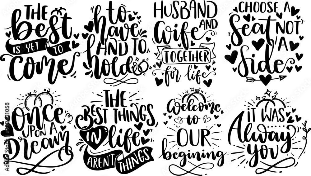 Creative Wedding Inscriptions, Quotes Pack Vector Illustration for Label, Presentation, Logo Creative Wedding Inscriptions, Quotes Pack Vector Illustration for Label, Presentation, Logo