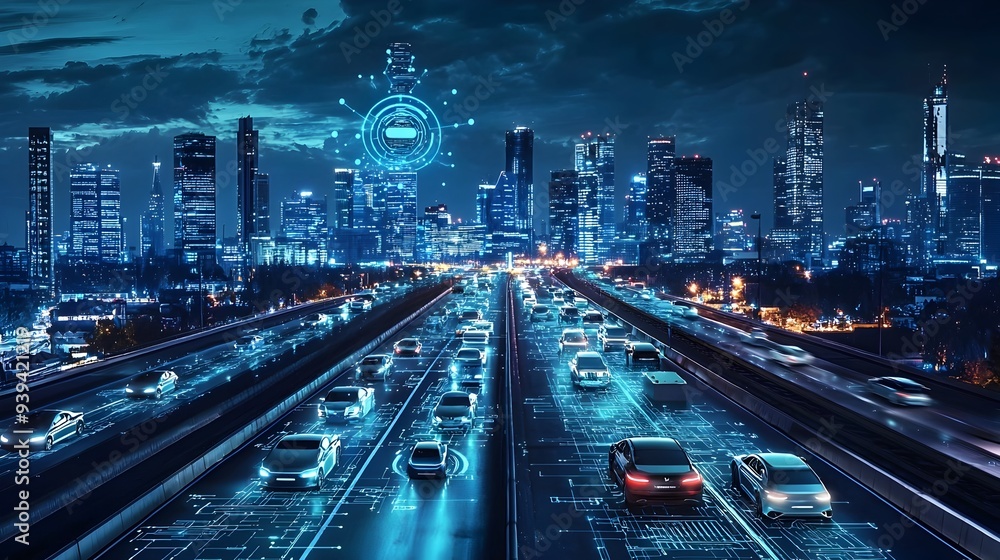 Obraz premium Futuristic Smart City with Self-Driving Cars and Clean Energy Infrastructure