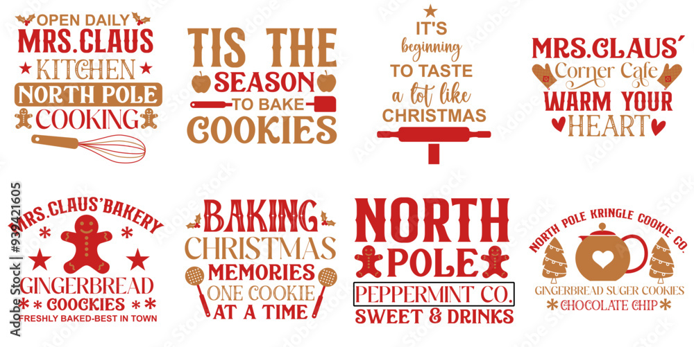 Fototapeta premium Elegant Christmas Kitchen Calligraphy, Phrases Set Vector Illustration for Announcement, Label, Vouchers