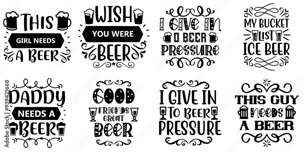 Fototapeta premium Cute Beer Quotes, Phrases Bundle Vector Illustration for Announcement, Advertisement, Banner