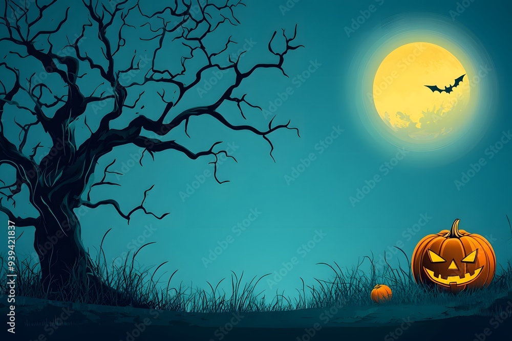 halloween banner with silhouete of tree and jack o lantern and full moon