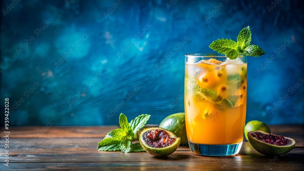 Fototapeta premium Passion fruit cocktail with mint garnish on blue background