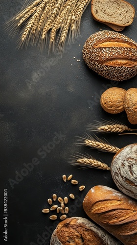 fresh bread and wheat on black background with copy space for text