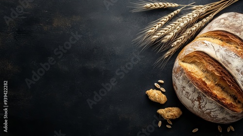 fresh bread and wheat on black background with copy space for text
