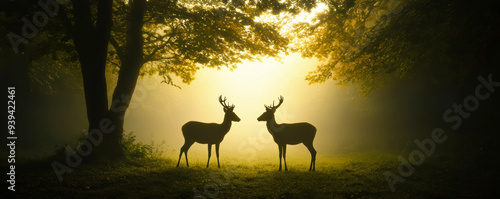 Deer in the misty forest, quiet atmosphere, morning light. photo