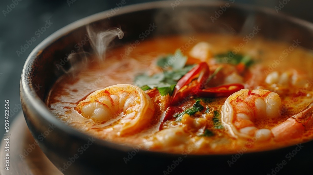 Detailed view of a steaming bowl of Tom Yum Goong, showcasing the bright red chili, shrimp, and fragrant broth in a cozy setting Detailed view of a steaming bowl of Tom Yum Goong, showcasing the bright red chili, shrimp, and fragrant broth in a cozy setting