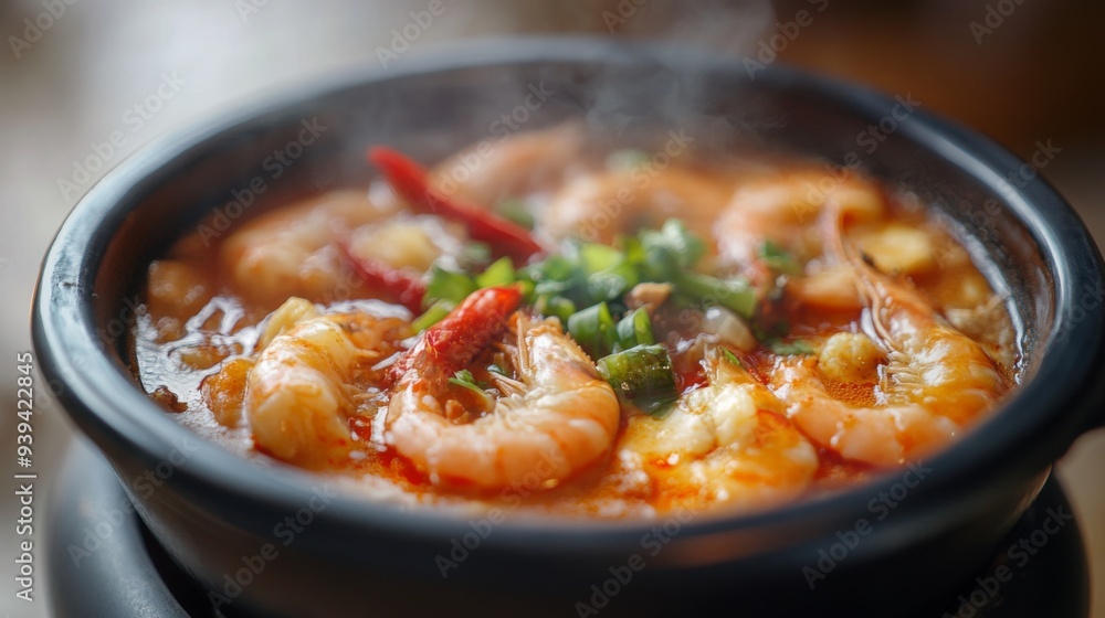 Detailed view of a steaming bowl of Tom Yum Goong, showcasing the bright red chili, shrimp, and fragrant broth in a cozy setting Detailed view of a steaming bowl of Tom Yum Goong, showcasing the bright red chili, shrimp, and fragrant broth in a cozy setting
