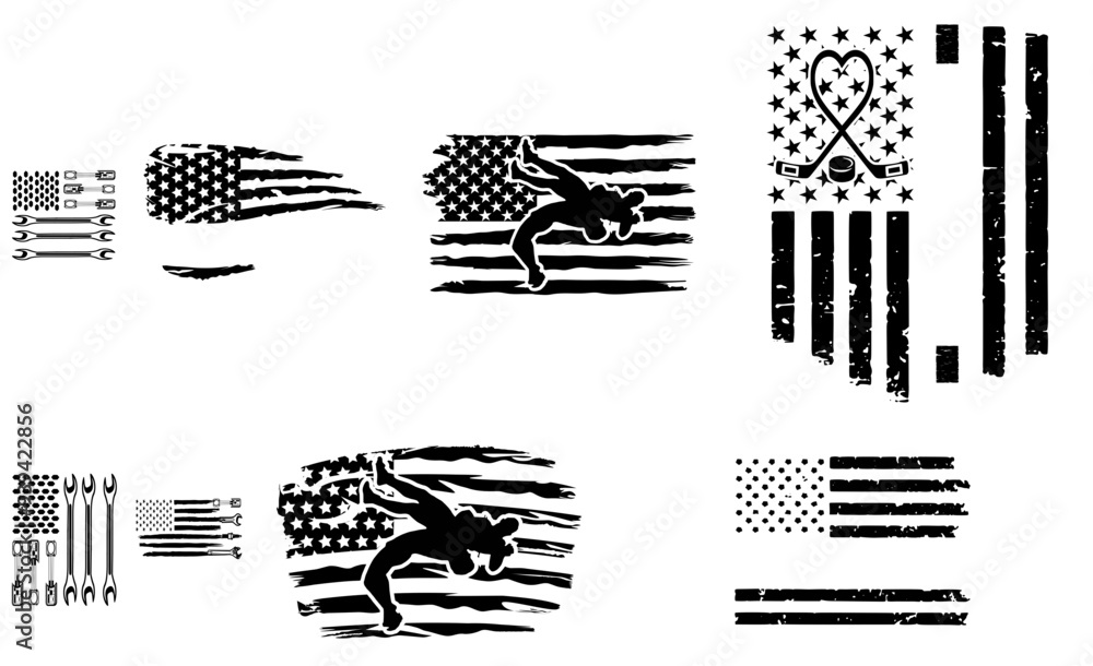 Fototapeta premium Creative Usa Flag Distressed American Flag Calligraphy, Typographic Emblems Bundle Vector Illustration for Poster, Gift Card, Advertisement