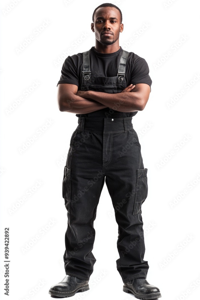 Black Working Man Overalls. Man in Working Uniform with Reflective Elements and Protective Boots