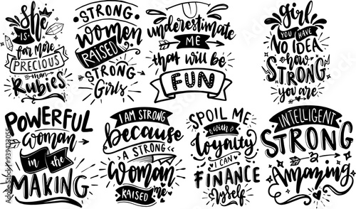 Minimalist Strong Woman Calligraphy, Inscriptions Bundle Vector Illustration for Label, Printable, Icon