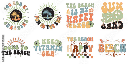 Vibrant Summer Retro Quotes, Inscriptions Set Vector Illustration for Gift Card, Magazine, Advertisement