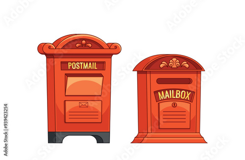 Two Red Vintage British Mailboxes With Ornate Designs, Labeled Postmail And Mailbox, Representing Classic Postal Service photo