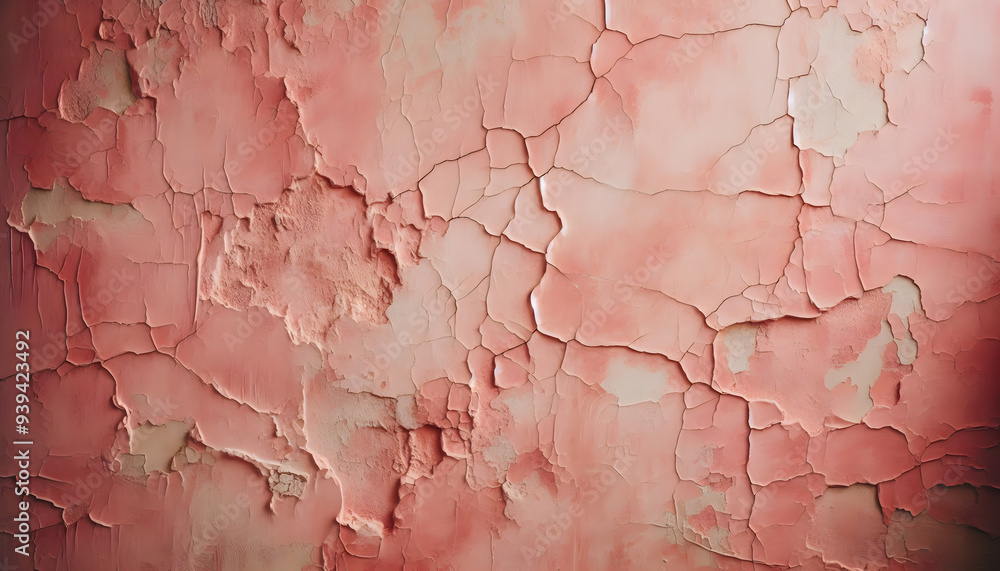 A pink wall with cracks and uneven surfaces reveals a weathered and natural appearance A pink wall with cracks and uneven surfaces reveals a weathered and natural appearance