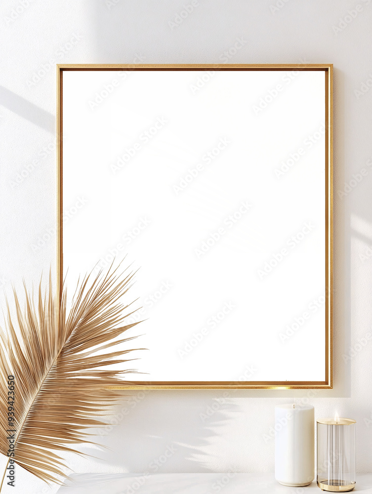 A minimalist and elegant golden picture frame with a transparent center, placed in front of a light-colored wall, with soft, natural shadows and delicate decorative elements A minimalist and elegant golden picture frame with a transparent center, placed in front of a light-colored wall, with soft, natural shadows and delicate decorative elements