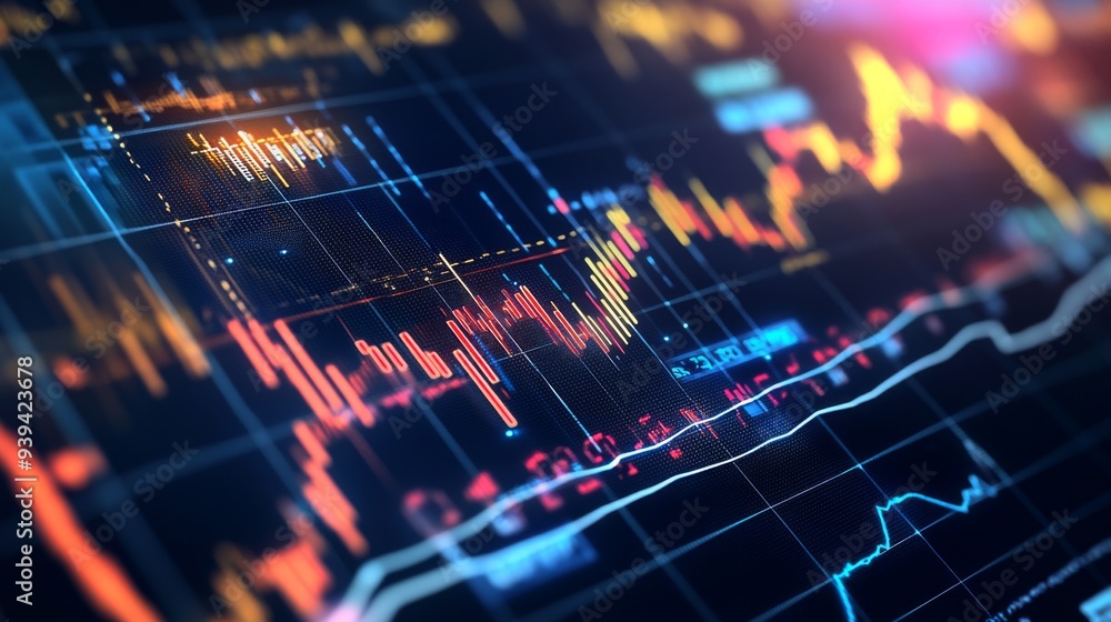Detailed view of a stock market graph with rising and falling trends, accompanied by investment notes Detailed view of a stock market graph with rising and falling trends, accompanied by investment notes