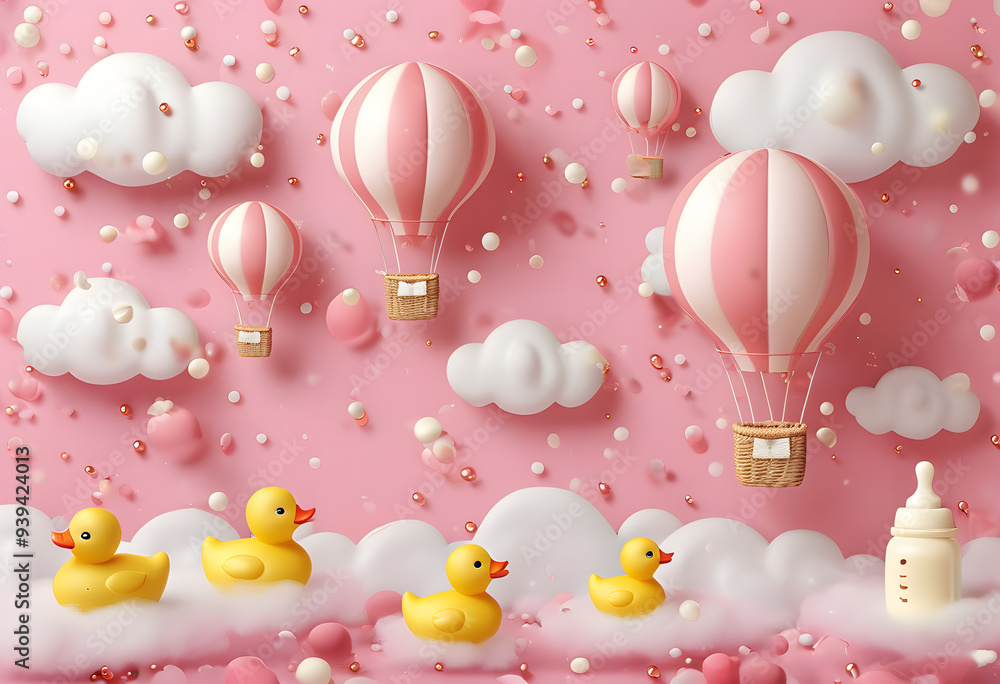 Baby theme background with hot air balloon, baby bottle, rubber duck and clouds on pink background