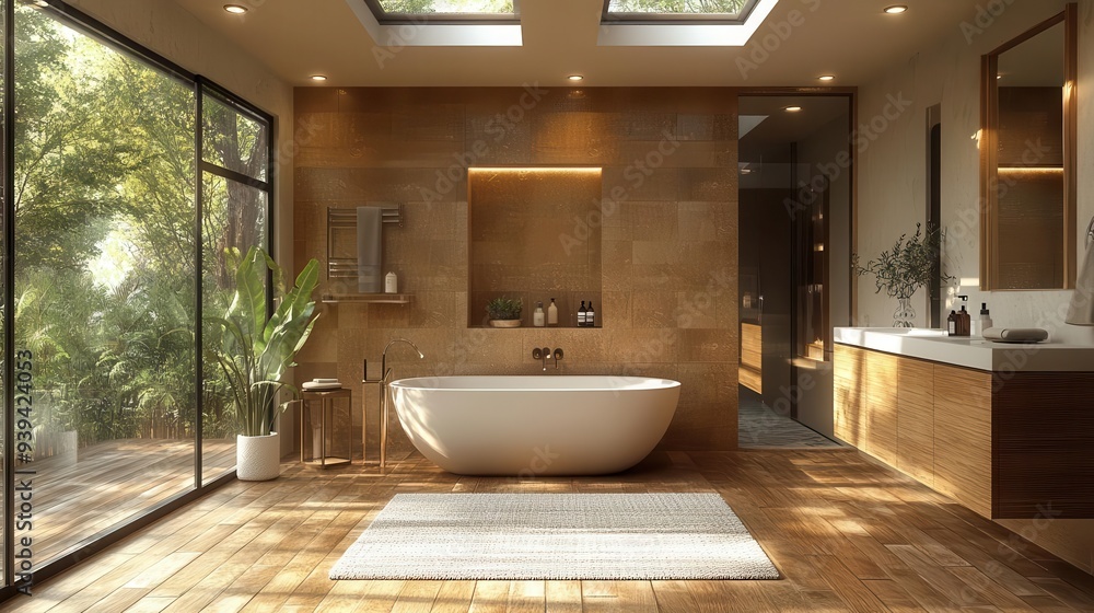 Fototapeta premium luxurious modern bathroom earthy tones skylights freestanding tub
