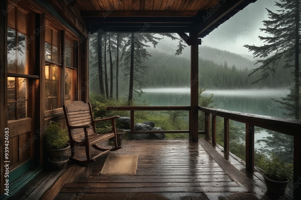 Fototapeta premium Porch with Rocking Chair Overlooking Lake and Mountains on Rainy Da