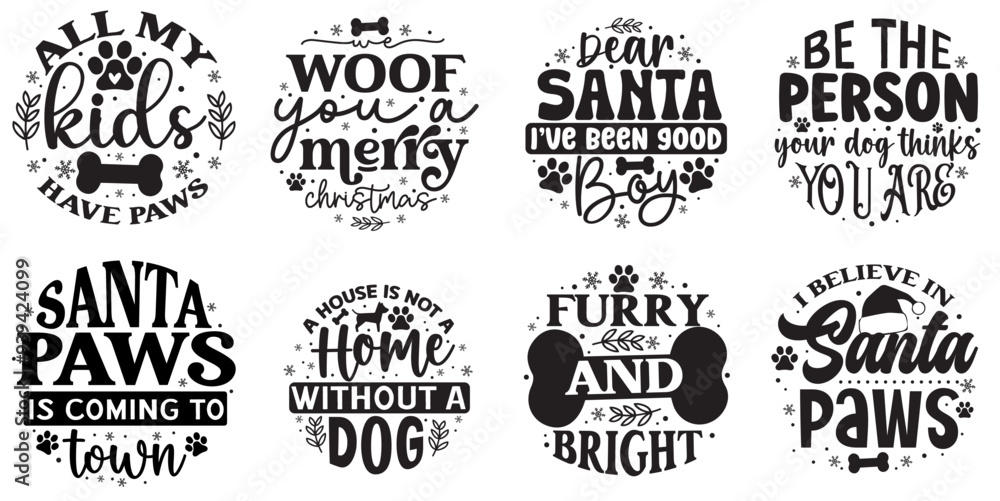 Fototapeta premium Decorative Christmas Dog Round Trendy Retro Style Illustration, Quotes Pack Vector Illustration for Stationery, Infographic, Brochure
