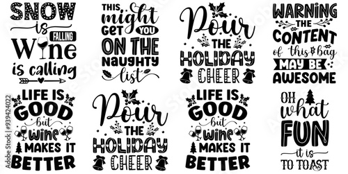 Minimal Christmas Wine Typographic Emblems, Inscriptions Bundle Vector Illustration for Newsletter, Bookmark, T-Shirt Design