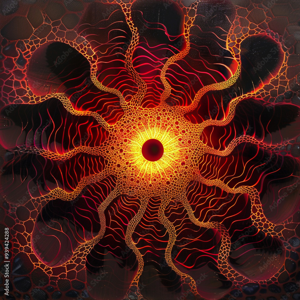 Abstract fractal art with vibrant orange and red patterns resembling a sunburst or a cosmic entity radiating energy. Abstract fractal art with vibrant orange and red patterns resembling a sunburst or a cosmic entity radiating energy.