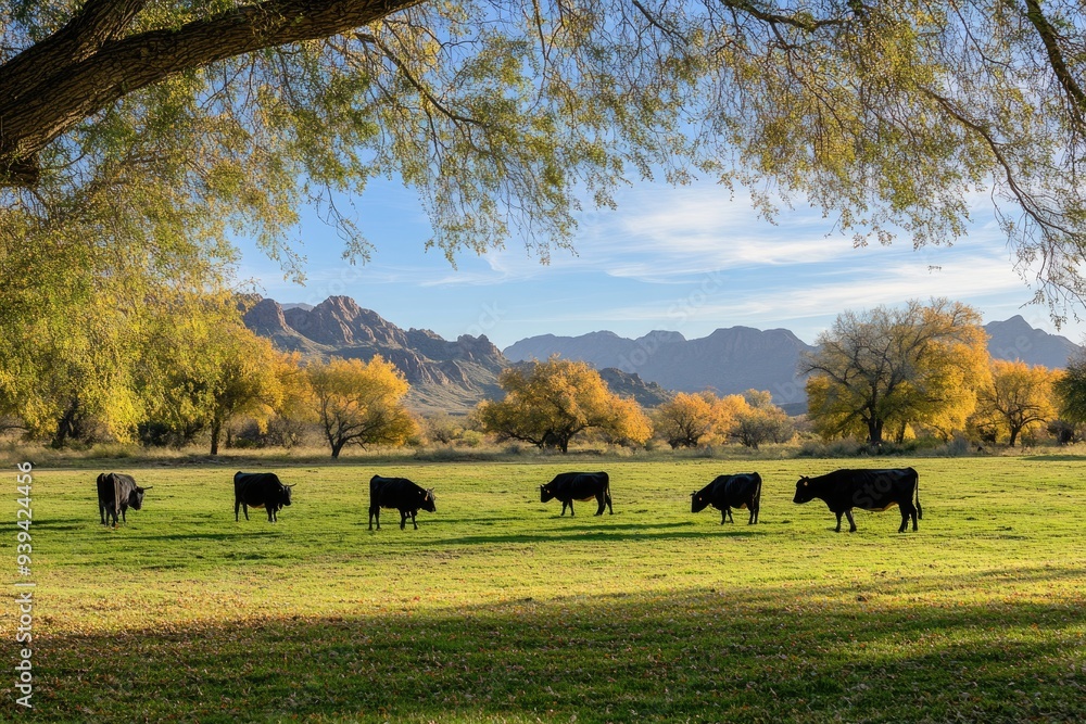 Fototapeta premium Arizona Cattle Grazing in Autumn Meadow with Green Grass and Trees