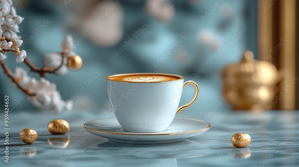 Elegant cup of coffee with latte art in a luxurious setting, featuring golden details and a serene ambiance Elegant cup of coffee with latte art in a luxurious setting, featuring golden details and a serene ambiance