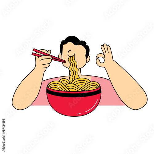 Illustration of man people eating ramen udon or noodle, japanese and korean favorite food