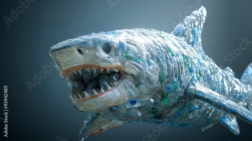 Close-up of a shark sculpture made from plastic waste and bottles, highlighting environmental impact and ocean pollution with a blue backdrop
