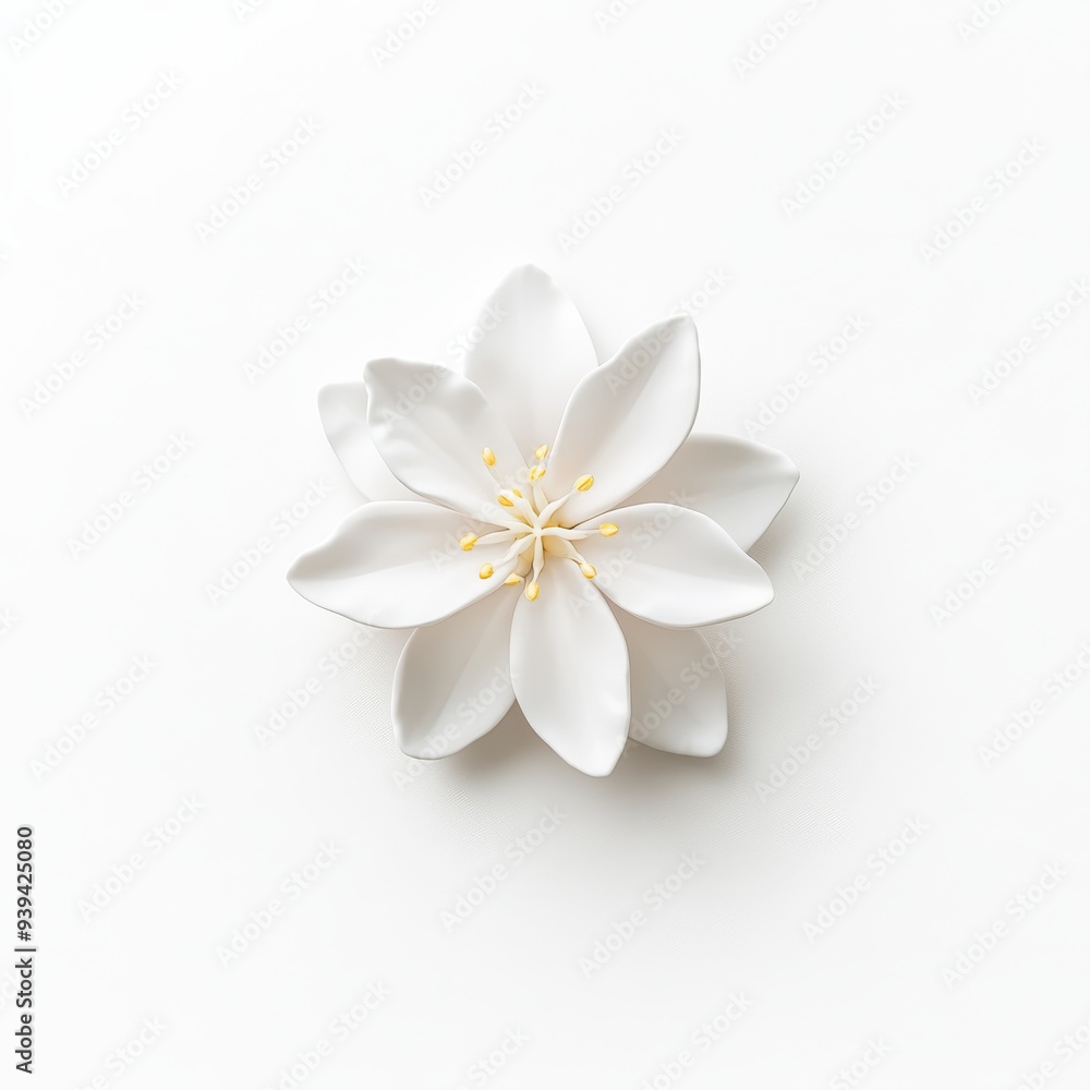 A 3D single icon of a delicate white jasmine flower with small star-shaped petals symbolizing purity. The icon is rendered in a simple style against a white background A 3D single icon of a delicate white jasmine flower with small star-shaped petals symbolizing purity. The icon is rendered in a simple style against a white background