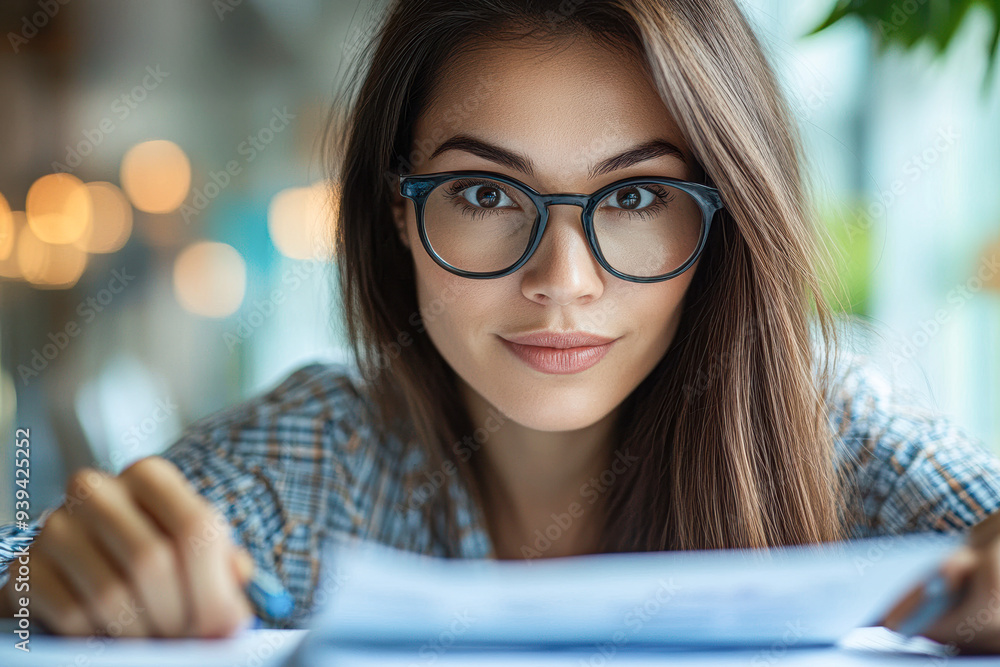 She is looking at the paper and she is focused on it She is looking at the paper and she is focused on it