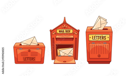 Three Red British Mailboxes With Letters, Displaying Traditional Design And Postal Concept, Cartoon Vector Illustration