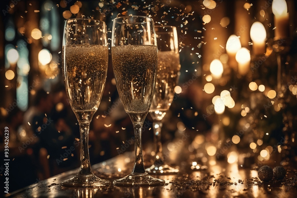 Sparkling Champagne Glasses on a Table with Confetti Sparkling Champagne Glasses on a Table with Confetti