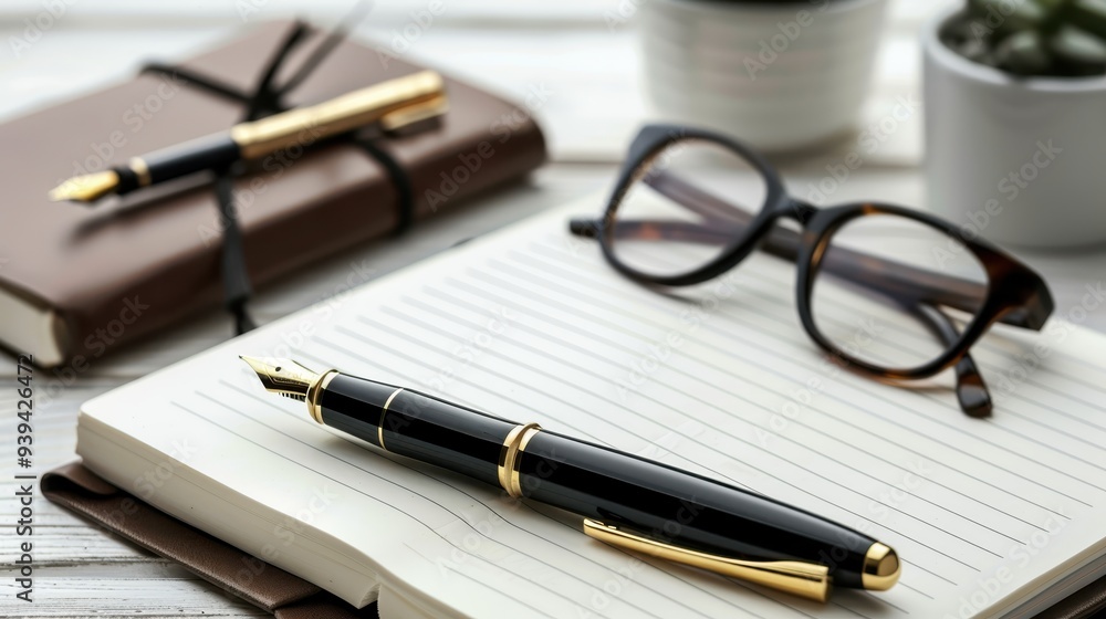Elegant workspace with a black pen, notebook, and reading glasses on a white desk, creating a perfect environment for productivity and creativity. Elegant workspace with a black pen, notebook, and reading glasses on a white desk, creating a perfect environment for productivity and creativity.