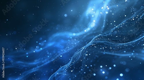 A mesmerizing image of blue waves intertwined with scattered light particles, evoking a cosmic and ethereal energy.