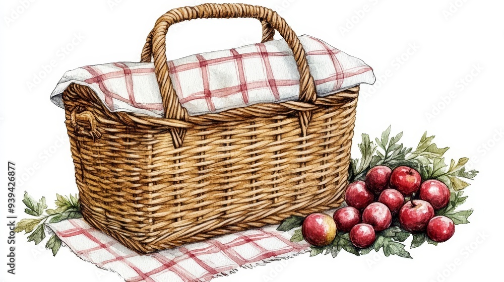 A rustic wicker basket with a checkered cloth, filled with fresh apples, perfect for a picnic or fall harvest theme. A rustic wicker basket with a checkered cloth, filled with fresh apples, perfect for a picnic or fall harvest theme.