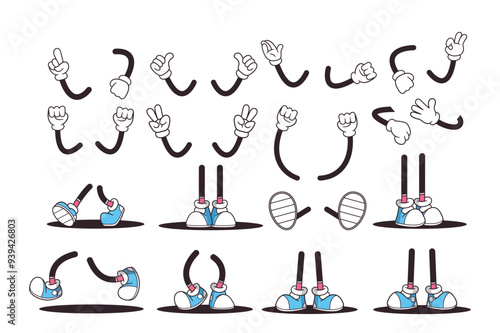 Retro Cartoon Style Illustration Featuring Different Hand and Leg Poses. Vector Collection Includes Feet and Arms