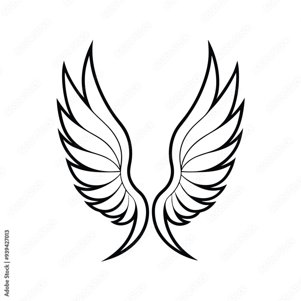 Elegant vector illustration of detailed stylized wings, ideal for tattoos, logos, and artistic designs. Elegant vector illustration of detailed stylized wings, ideal for tattoos, logos, and artistic designs.