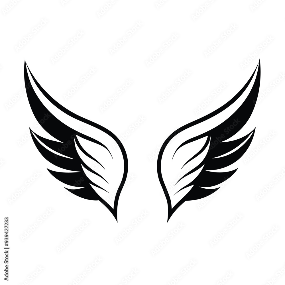 Elegant vector illustration of detailed stylized wings, ideal for tattoos, logos, and artistic designs. Elegant vector illustration of detailed stylized wings, ideal for tattoos, logos, and artistic designs.