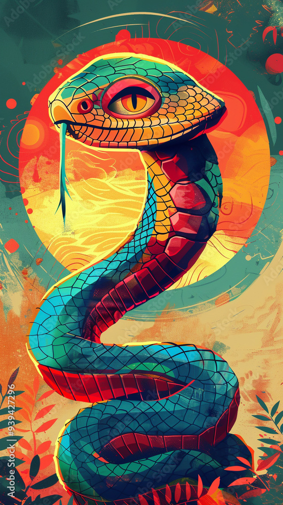 Colorful, vibrant illustration of a serpent with intricate patterns and detailed textures, set against an abstract background. Colorful, vibrant illustration of a serpent with intricate patterns and detailed textures, set against an abstract background.