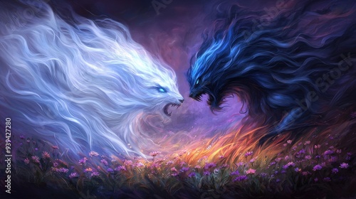 Ethereal guardian and dark creature fighting in a field of wildflowers