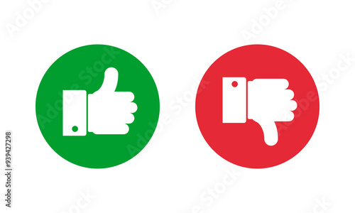 green thumb up and red thumb down round solid vector icons, like and dislike social media symbols